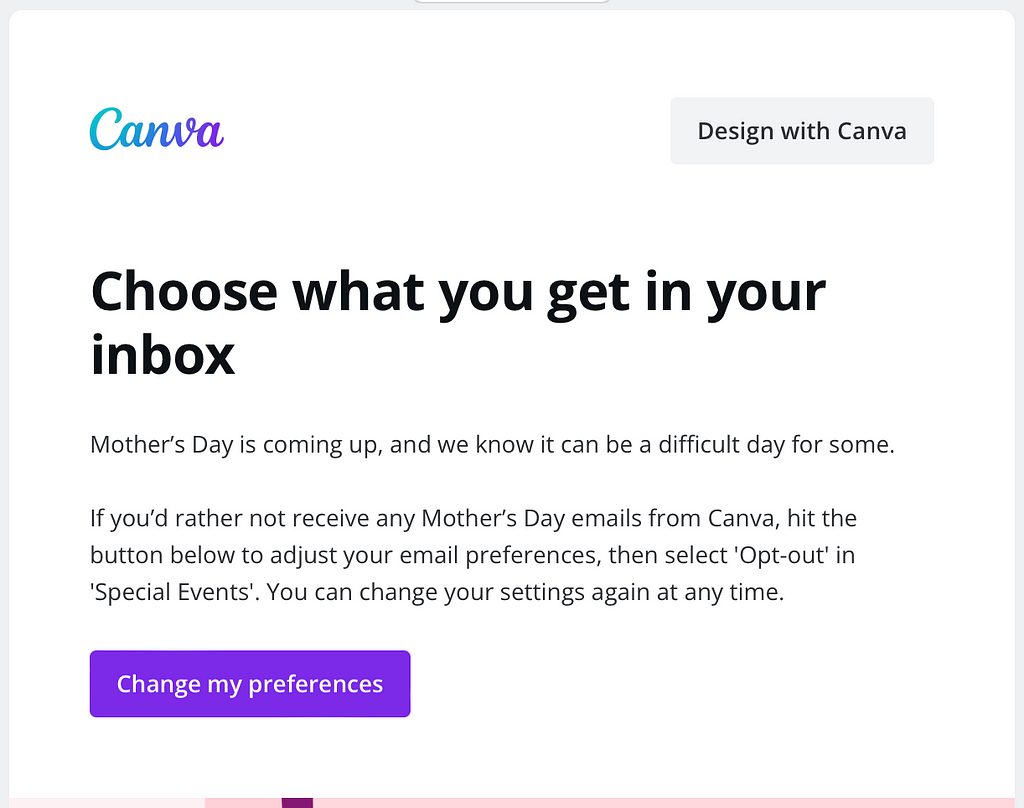 Canva’s 2023 email with the heading, “Choose what you get in your inbox.”