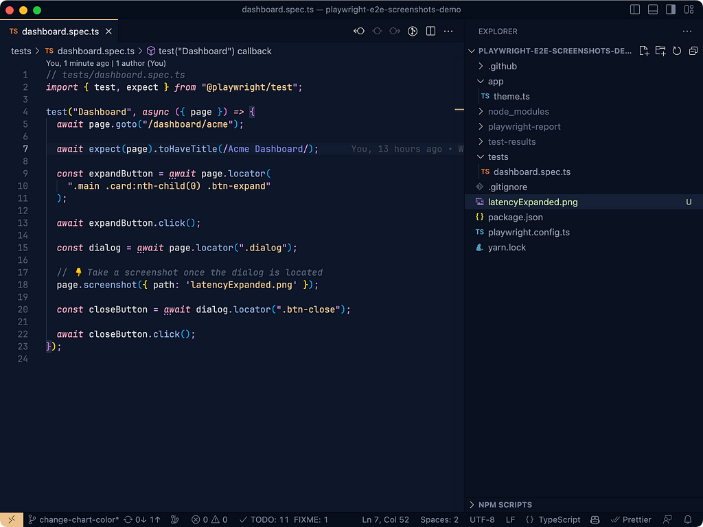 VS Code, showing the contents of dashboard.spec.ts from the snippet above and the newly-created latencyExpanded.png in the file explorer sidebar