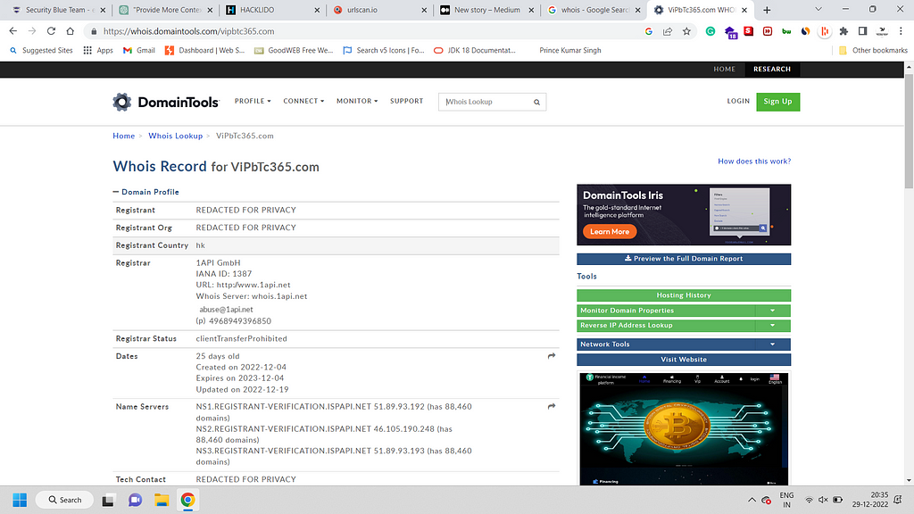 whois record of a fraud website i.e vipbtc365 .com