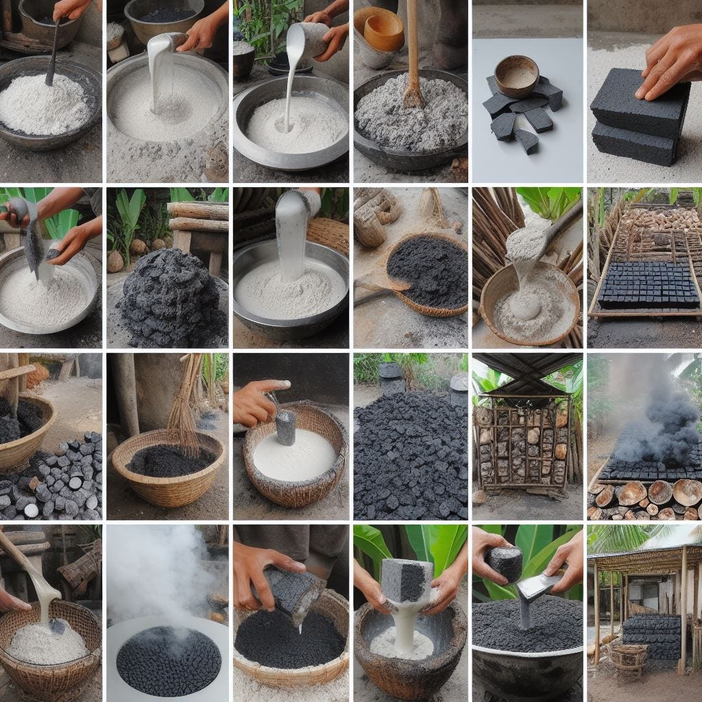 An image showing the various stages of the briquette manufacturing process, from raw materials to the final product.