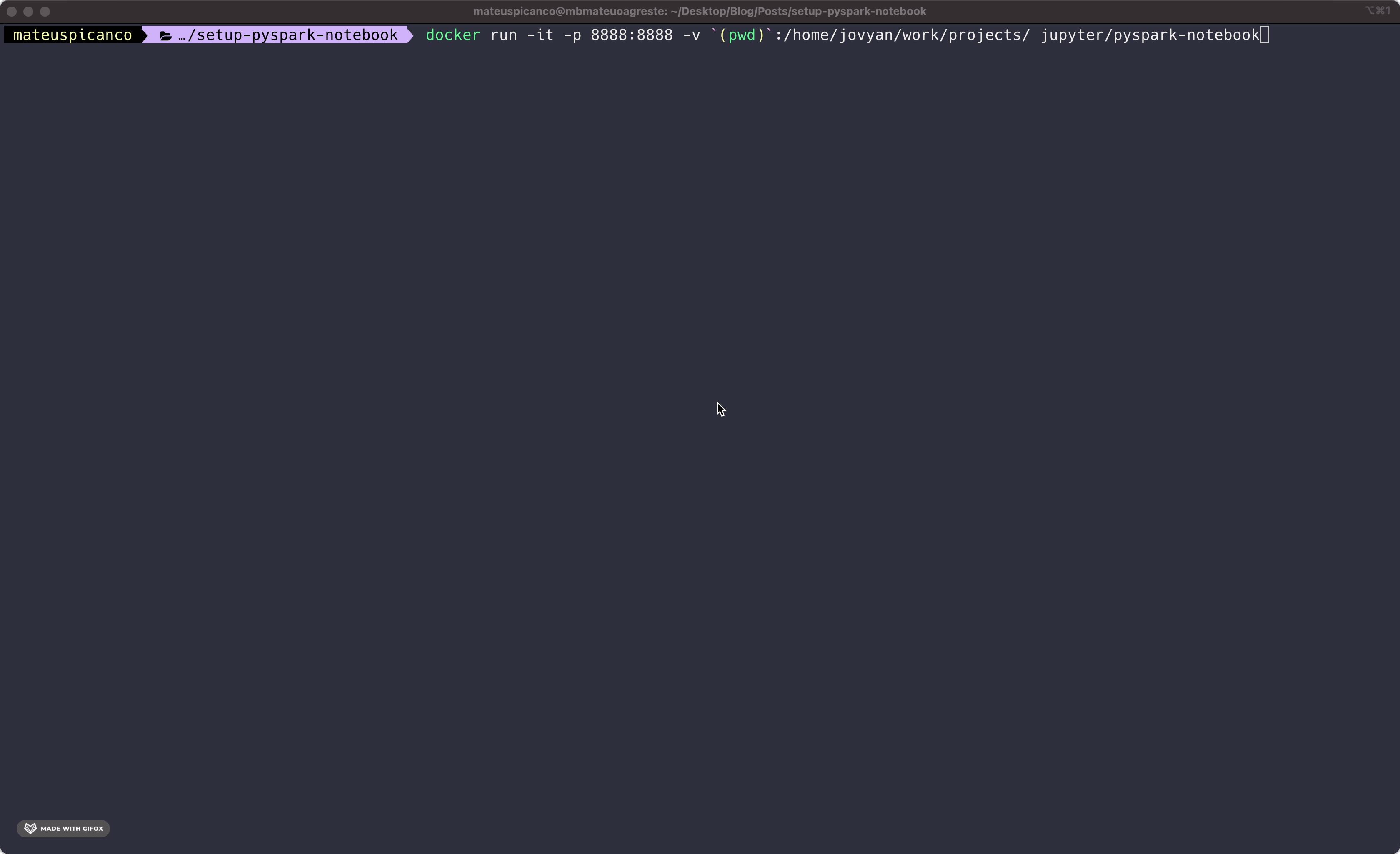 A macOS terminal window animation showing the result of running the docker run command with the parameters mentioned in the article. A large url shows up containing a hash in the end.