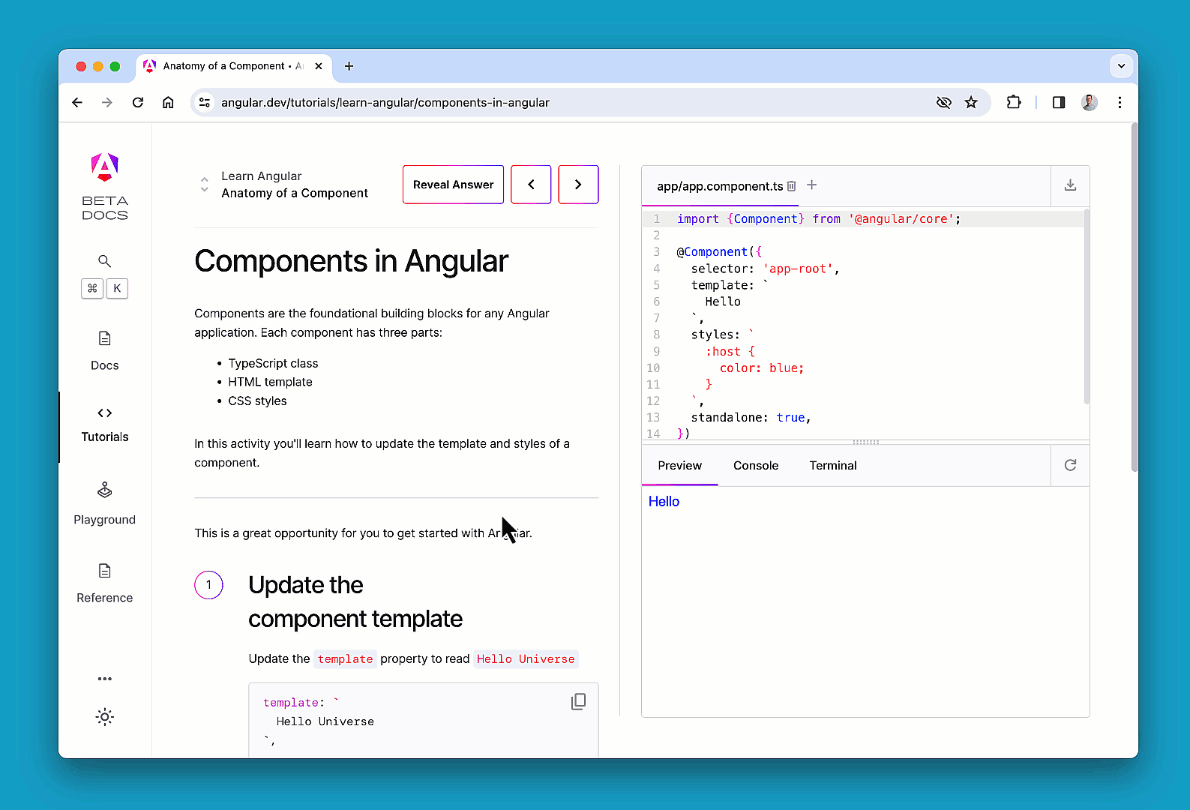 A gif showing Angular’s latest interactive tutorial based on WebContainers.