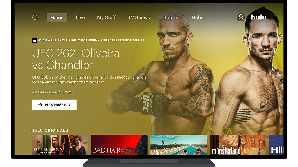 View of UFC 262: Oliveira vs Chandler on Hulu Living Room Screen