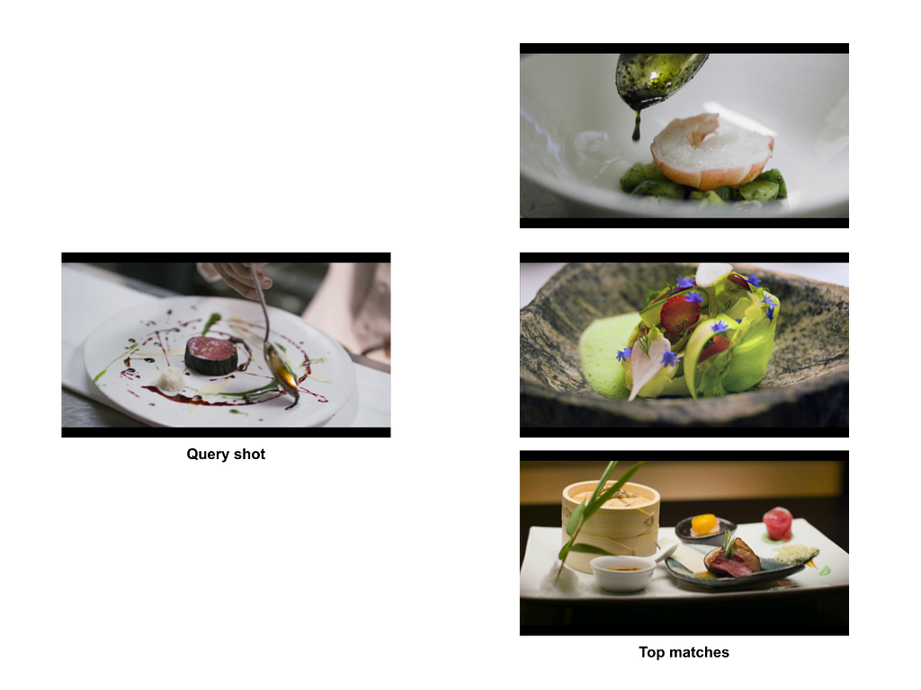Input image on left side of food on a decorative plate and output images on right side of different food items that look similar to input image.