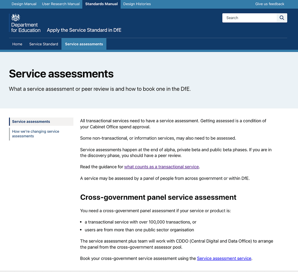 Screengrab of service assessments and peer review descriptions, telling users the different types of assessment and when they are relevant to a team’s work