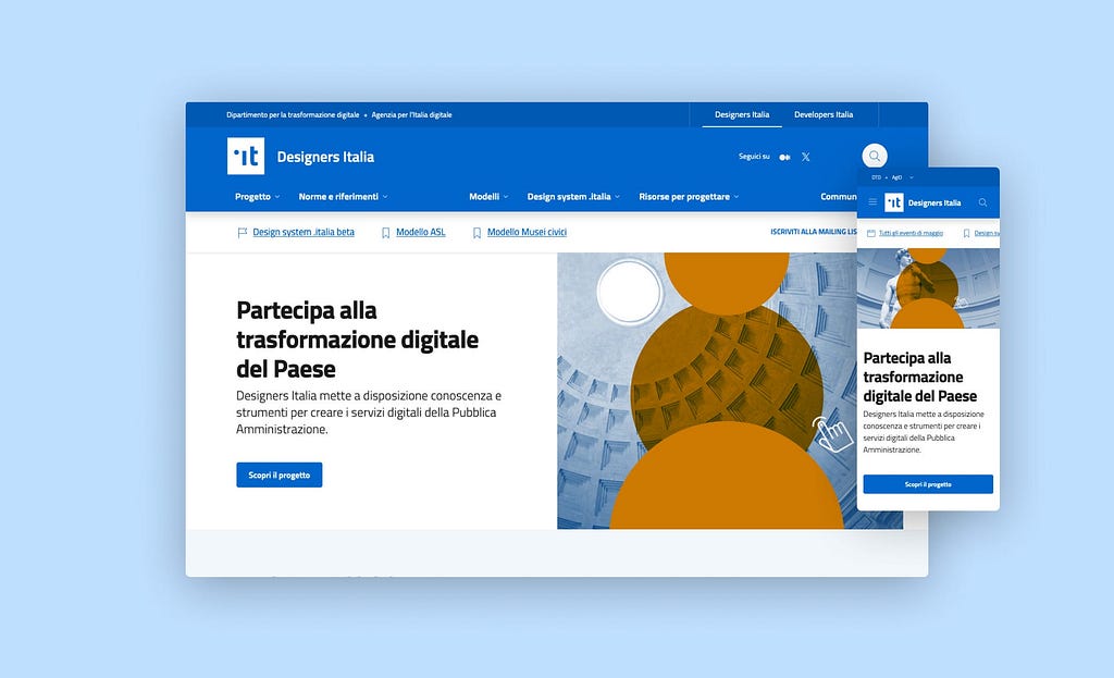 Partecipa alla trasformazione digitale della PA. La homepage del sito Designers Italia nei formati desktop e mobile.
