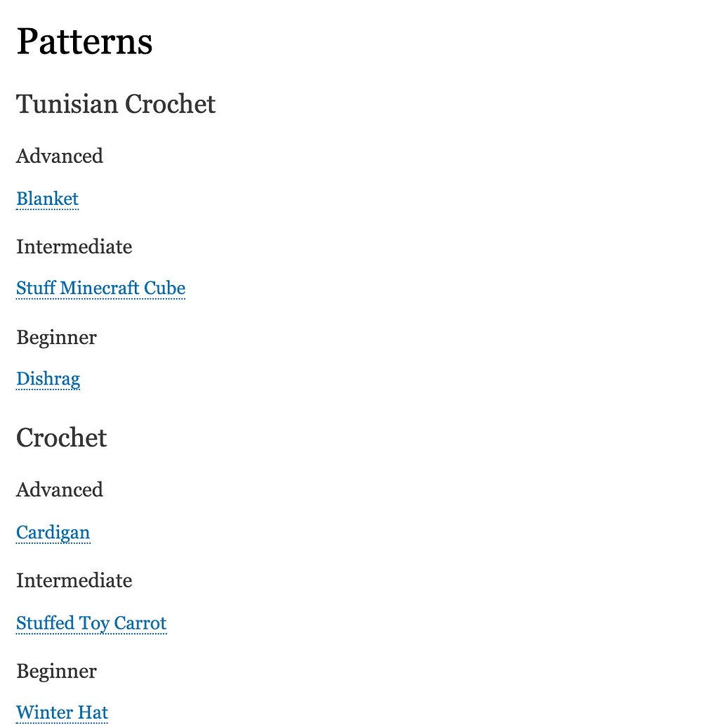 Screenshot of 9 patterns sorted by type and difficulty