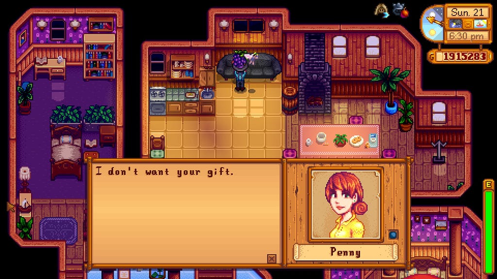 In-game image of the inside of Pam and Penny’s home, dialogue with Penny taking place. She’s saying “I don’t want your gift.” with a blue dot showing that the relationship is at zero hearts.