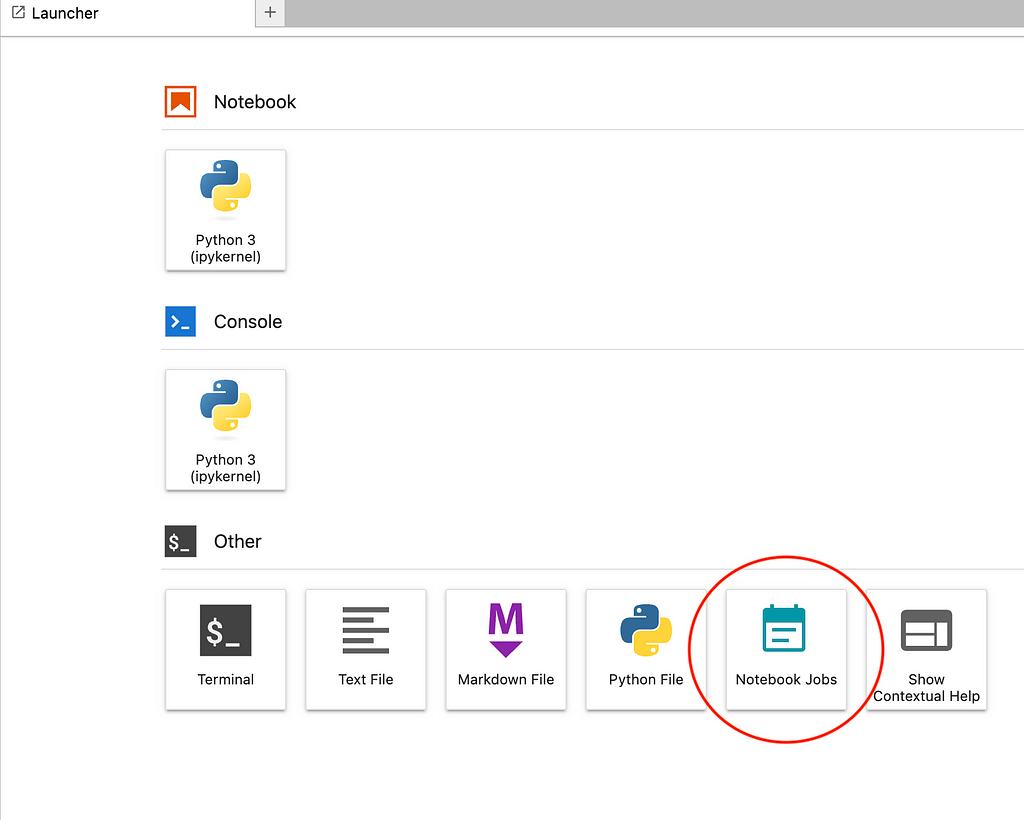 Screen shot of JupyterLab launcher showing “Notebook Jobs” button in the “Other” section