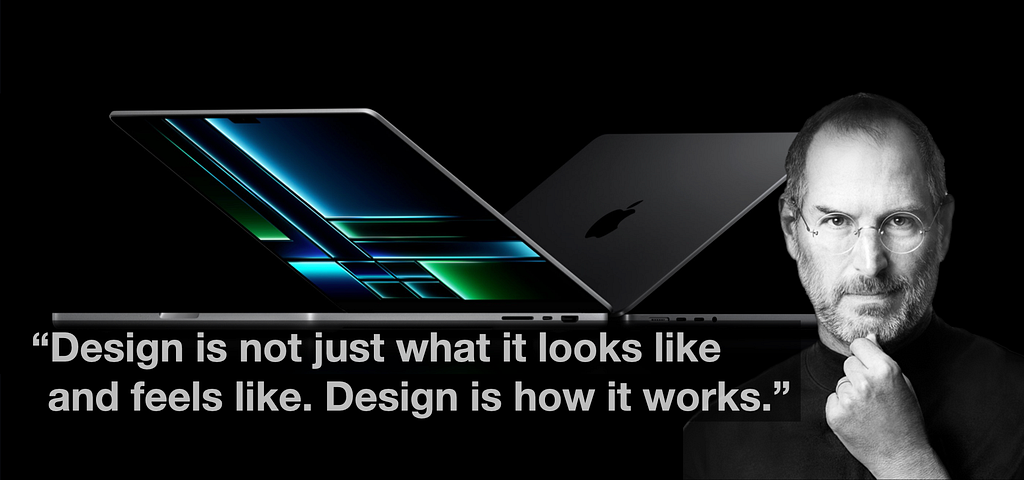 Image of MacBook Pro with Steve Jobs quote
