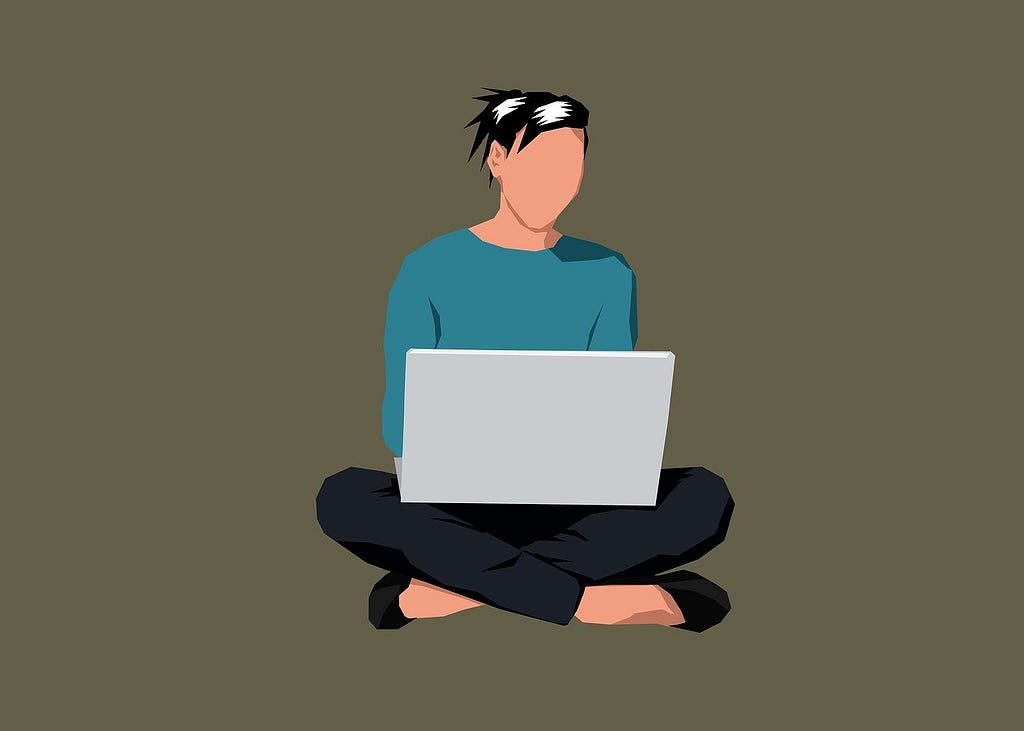 An illustration shows a person sitting crisscross applesauce with a laptop in their lap over a khaki colored background. The person is wearing black pants, black shoes, and a teal shirt and wears a black upswept hairstyle. The person’s face is featureless.