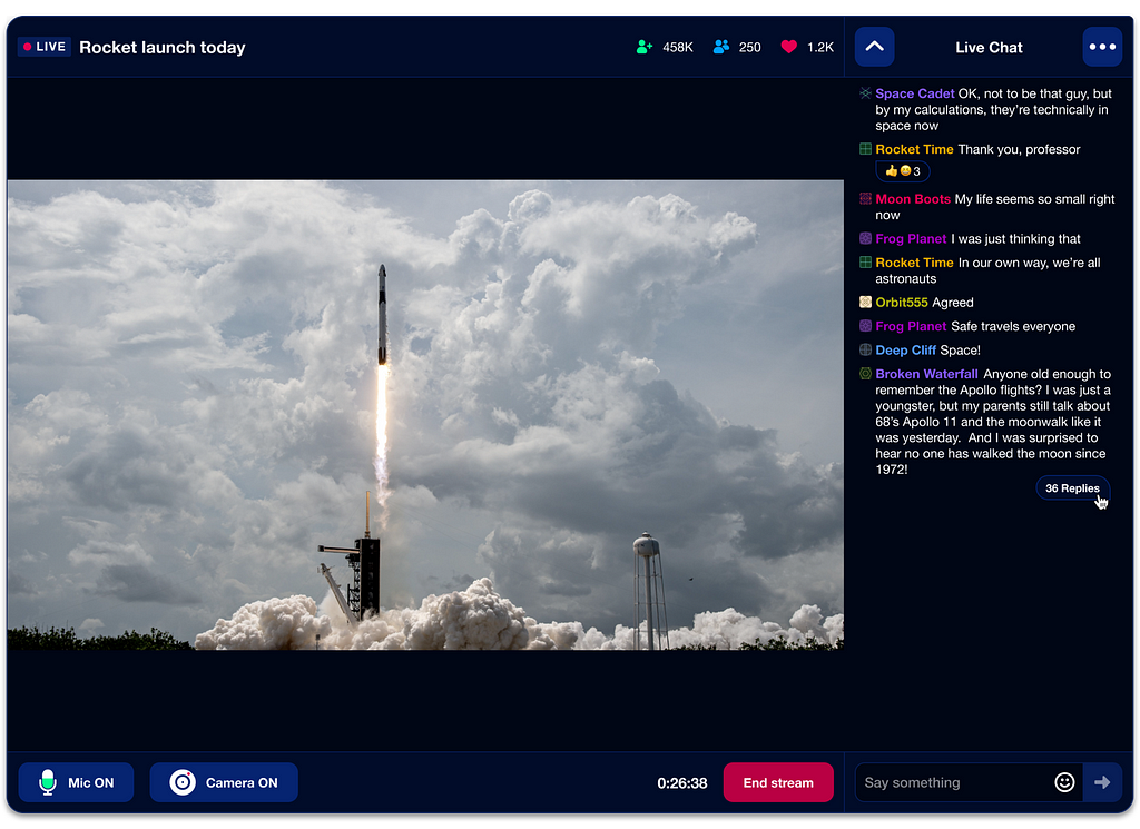 A livestream video of a NASA launch with an accompanying chat including threads and replies.