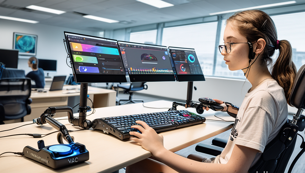 A girl in wheelchair using assistive technology while using computer.