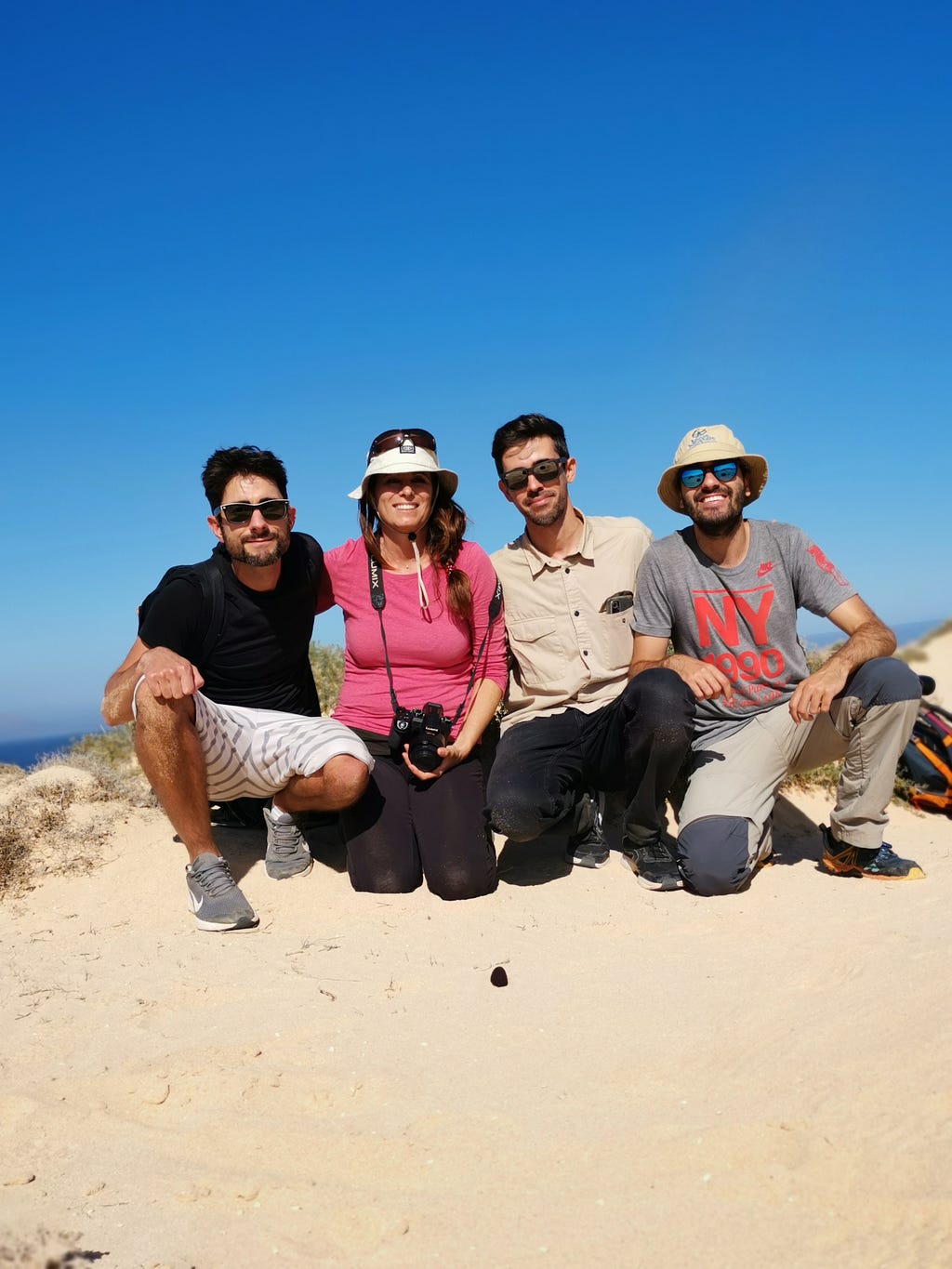 Team of four researchers sat smiling on a sand dune with blue sky behind them.