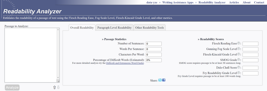 Readability Analyzer — a tool that Estimates the readability of a passage of text using the Flesch Reading Ease, Fog Scale Level, Flesch-Kincaid Grade Level, and other metrics.