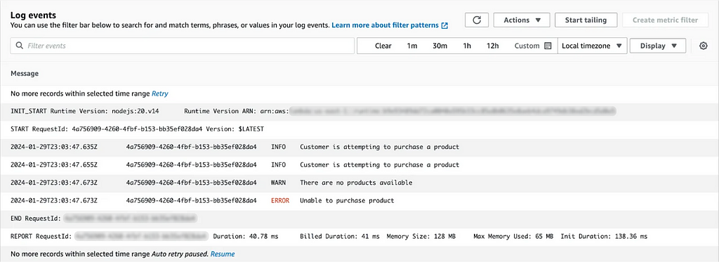 Sequence of log events that when read from top to bottom. INFO Customer is attempting to purchase a product. INFO Customer is attempting to purchase a product. WARN There are no products available. ERROR Unable to purchase product.