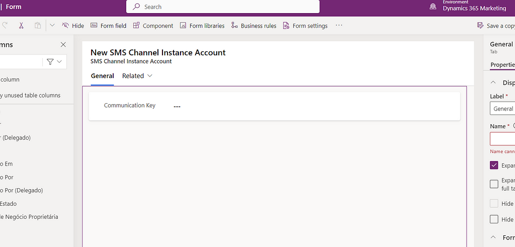 Modifying Sms Channel Instance custom enttty form