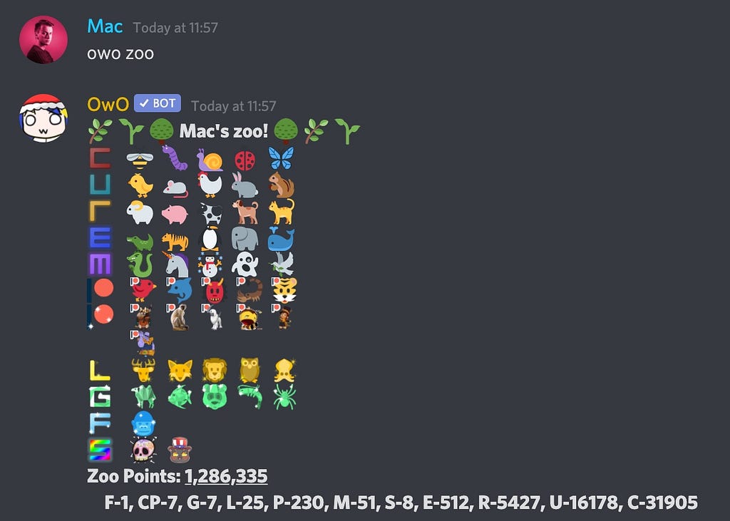 Screenshot of OwO Discord bot’s zoo feature