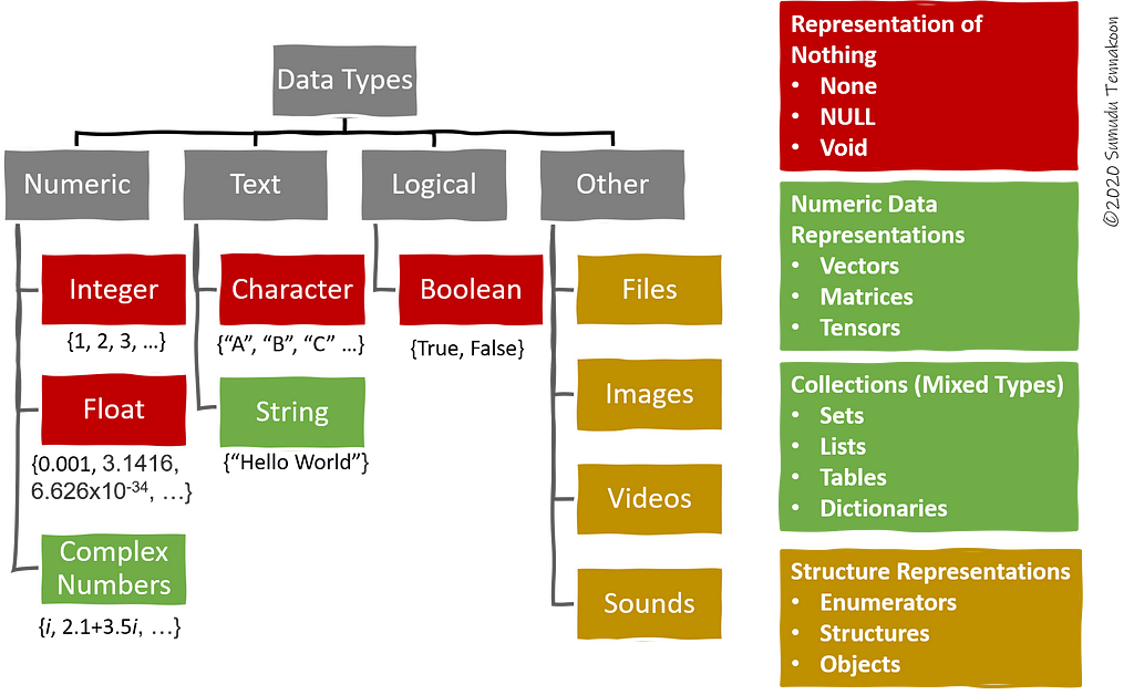 Data Types used in computing such as numeric, text, logical, and other.
