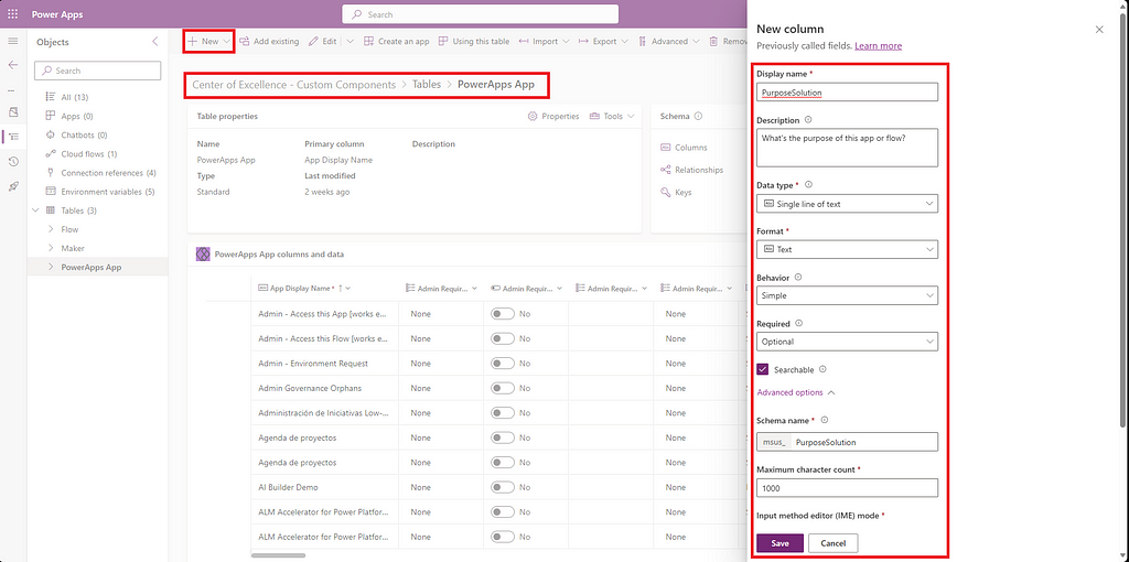 Example of new column on the PowerApps App Dataverse table