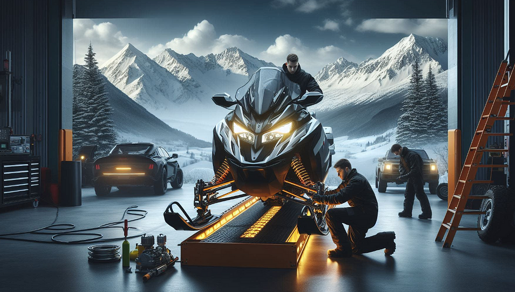 Image of a snowmobile at a service shop with wintery mountains in the background.