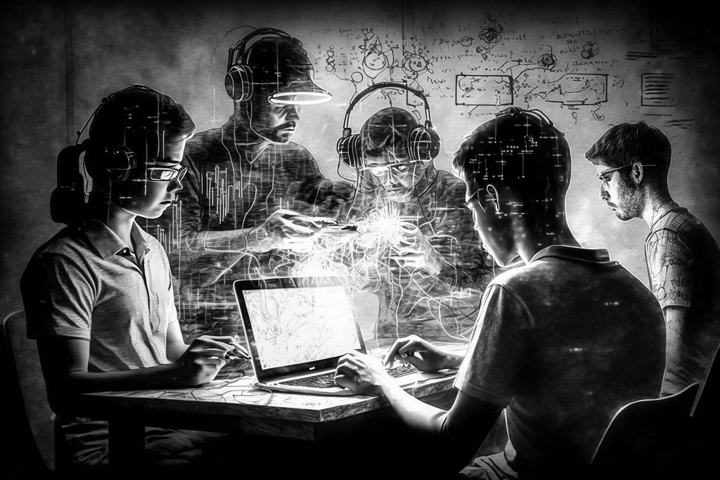 Abstract image of shadowy technologists, by Dana J. Wright.