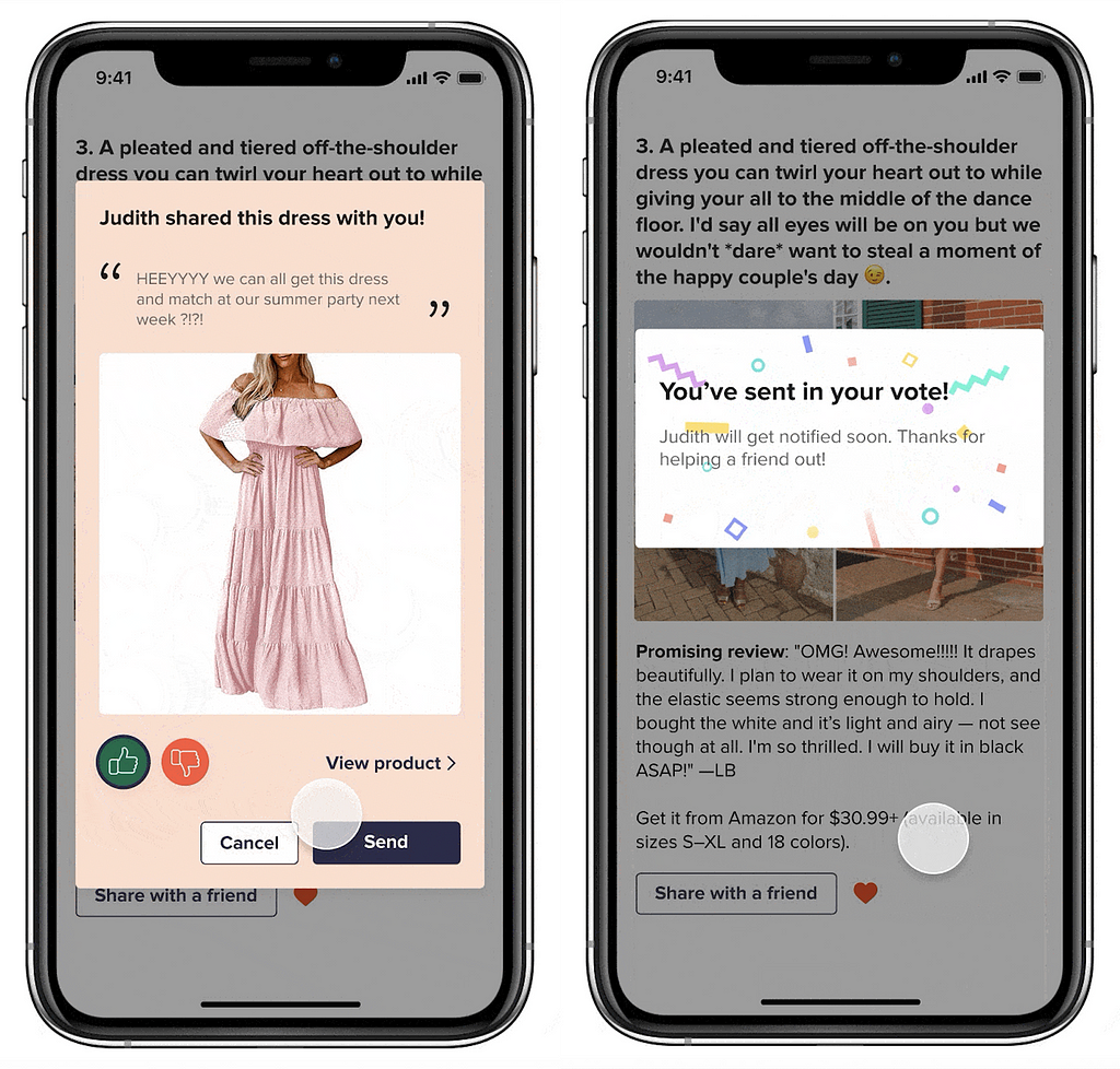 Left: Phone mock with a modal shown where the user is can share a dress. Right: Phone mock with a modal informing the user they have sent a vote on a product to their friend.