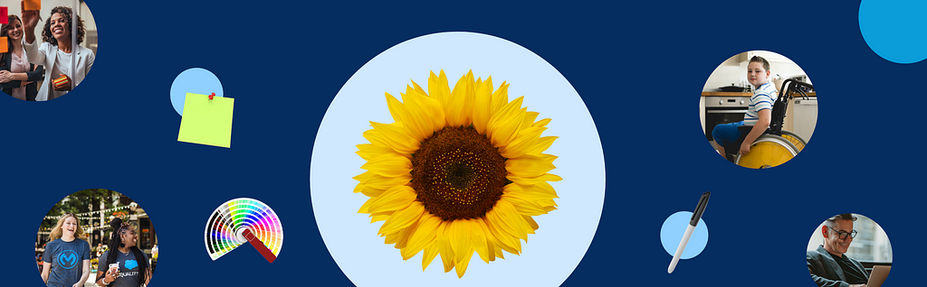 Banner of different sized blue circles with a large sunflower in the center, photos of diverse colleagues, and creative tools