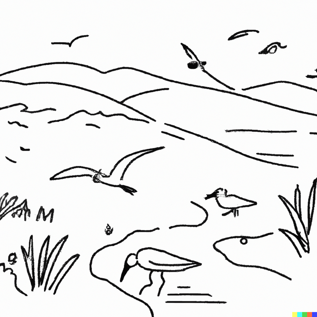 An ecotone between a lake and a grassland with birds and fish