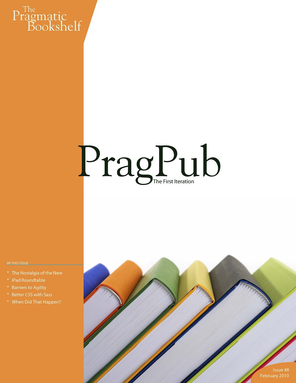 magazine cover showing book spines in orange, green, yellow, blue, and black