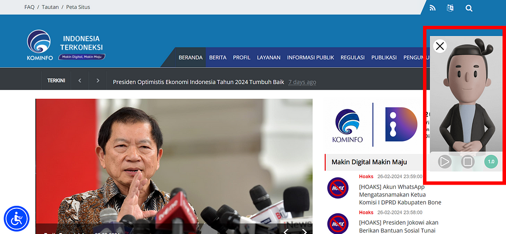 Translate to Bisindo feature on the Kominfo website