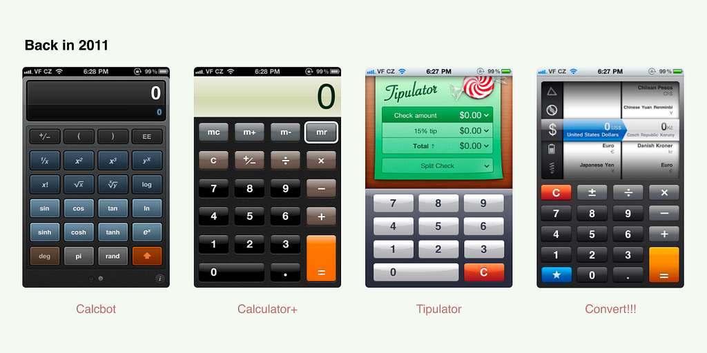 The image showcases four popular mobile calculators from 2011, highlighting the diverse design approaches of that time: Calcbot: Features a sleek design with scientific calculator functions. Calculator+: Presents a traditional calculator interface with large buttons. Tipulator: Tailored for calculating tips and splitting checks, with a whimsical design. Convert!!!: Focused on currency conversion, featuring a functional interface with multiple currency options.