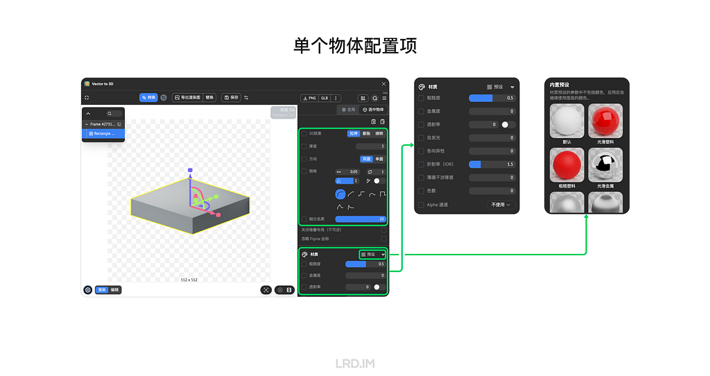 Figma 插件 “Vector to 3D” 中单个物体配置的界面截图，展示了对 3D 对象进行具体参数调整的选项，包括材质、颜色、折射率等设置，并显示了材质预设的选择。