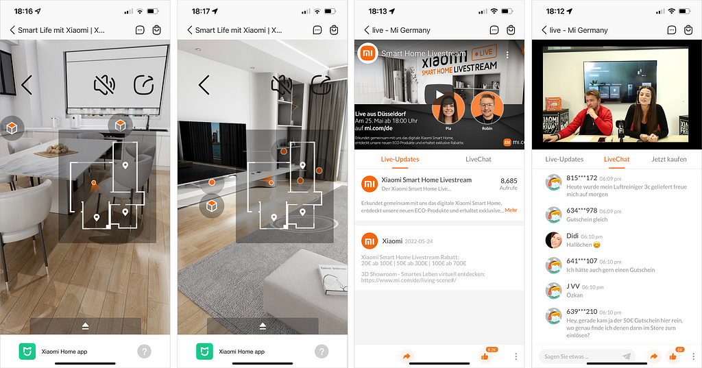 Screenshots from the immersive experience of the Xiaomi Home Mobile App, Live streaming and Chat