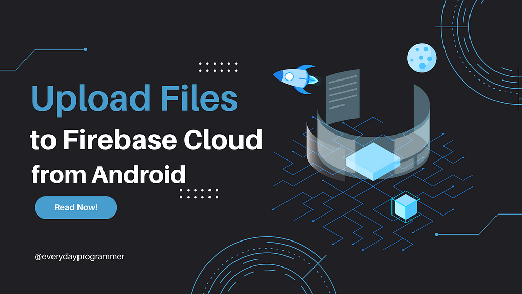 Si-fi tech related image containing text “Upload Files to Firebase Cloud from Android”.