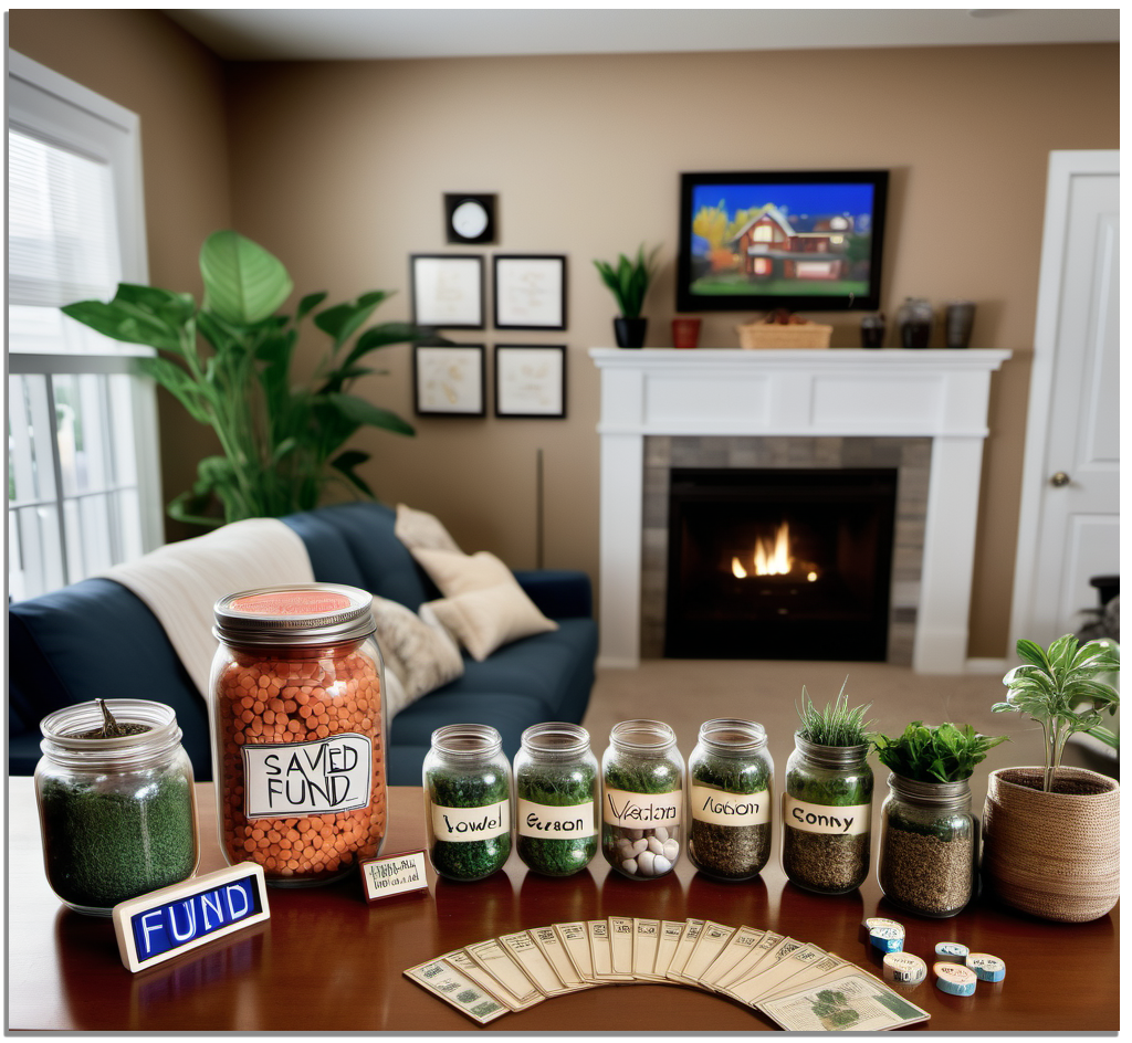 Cozy living room setup showing a ‘Vacation Fund’ savings jar, family playing a board game, homemade décor, a programmable thermostat, and a dining table with a homemade meal and indoor herb garden.