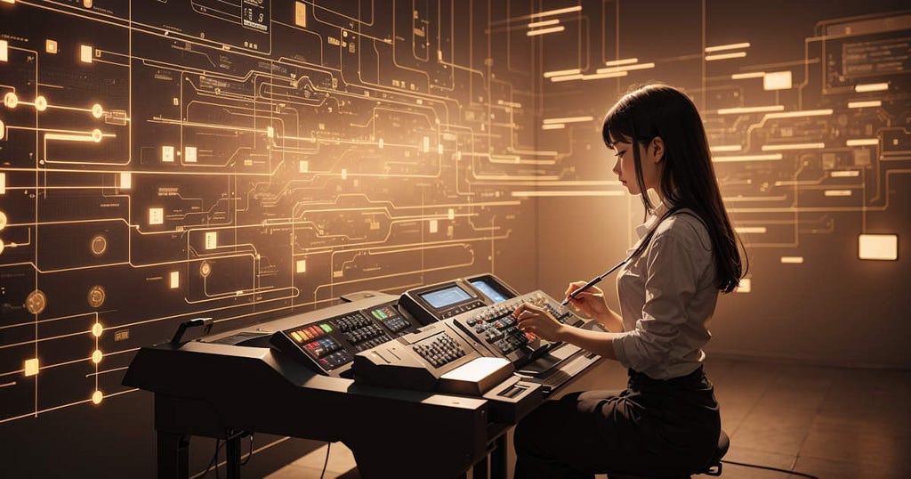 This image features a young woman, dressed in formal attire, deeply engrossed in her work on an old-style electronic computer. The machine, with its bulky frame and analog dials, harks back to an earlier era of technology. Surrounding her is a captivating backdrop — the walls are covered in glowing diagrams. These aren’t ordinary diagrams, though. They’re styled to resemble neon circuit boards, infusing the room with a luminescent, electric sepia tone.