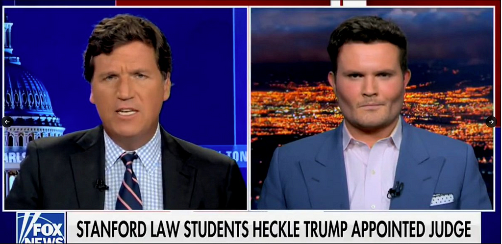 Screenshot of Stanford law student on Tucker Carlson’s Fox news show