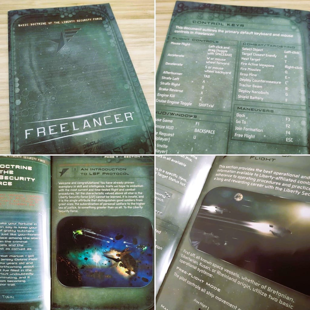 A collage of various photographs taken of the Freelancer game manual