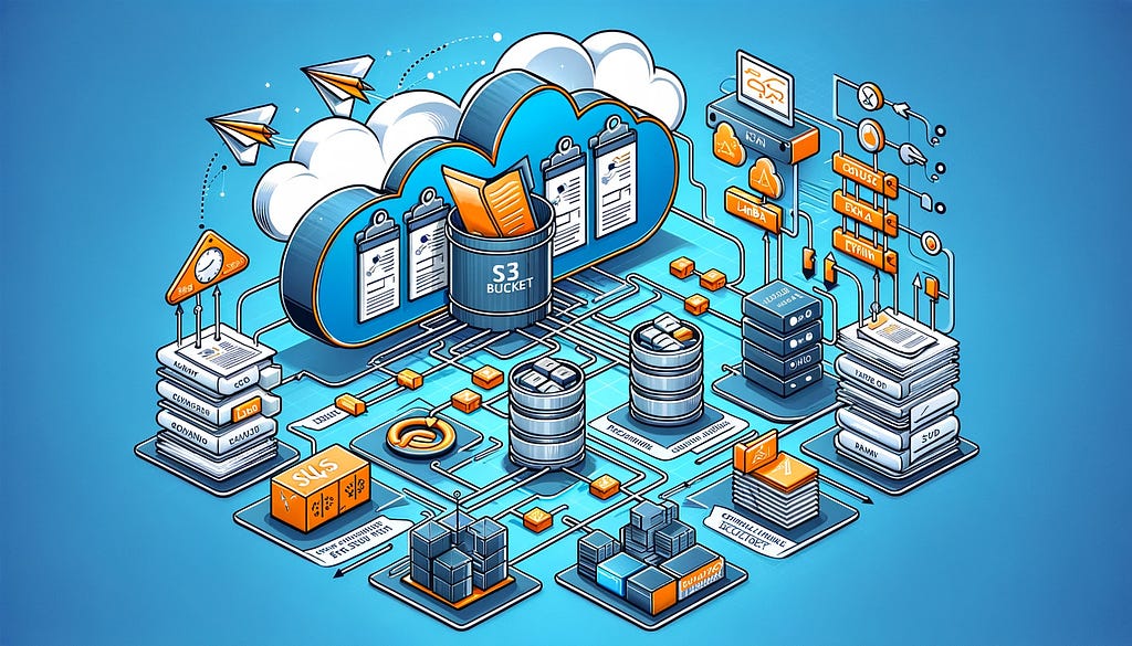 Vector picture of an S3 Bucket with a file in it that is being loaded and processed. The picture is generated by DALL-E.