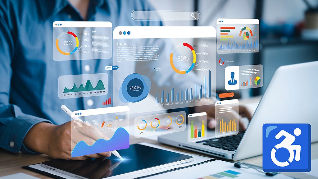 An image shows a person working at a desk with a stylus on a tablet, surrounded by floating, semi-transparent data visualizations, charts, and graphs that depict various percentages, pie charts, and bar graphs. These digital elements, appearing as if they are projected in the air, include colorful graphics with sections marked by percentages such as 75%, 80%, and 25%. In the bottom right corner, there is a blue accessibility icon featuring a stylized figure in a wheelchair. The background is sli