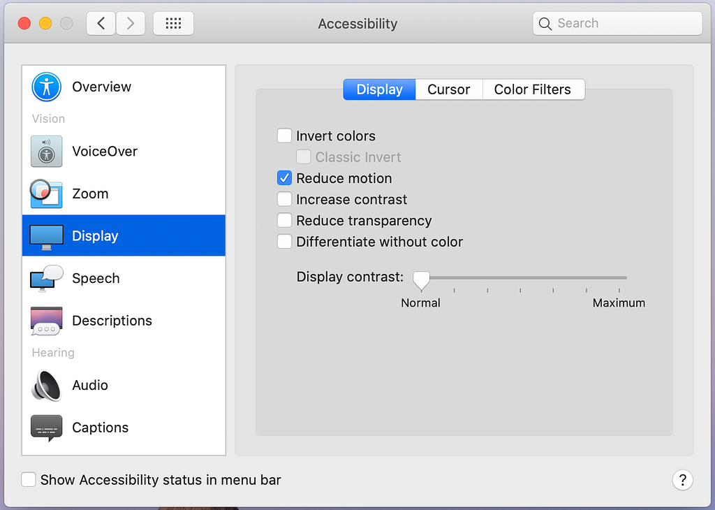 Where to find reduced motion settings in MacOS. System Preferences > Accessibility > Display > Check Reduce Motion
