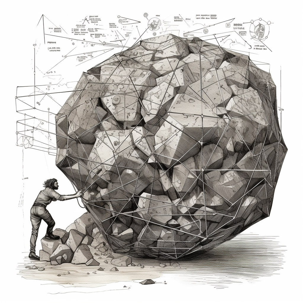 Midjourney: Sisyphus pushing a boulder, barely strapped together with cables, with visible schematics and computer code contained within it