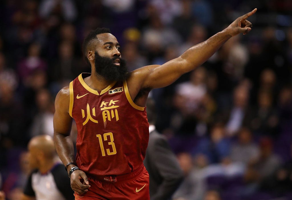 James Harden wearing special, Chinese New Year themed jersey. The Rockets are no longer popular team in China, however.