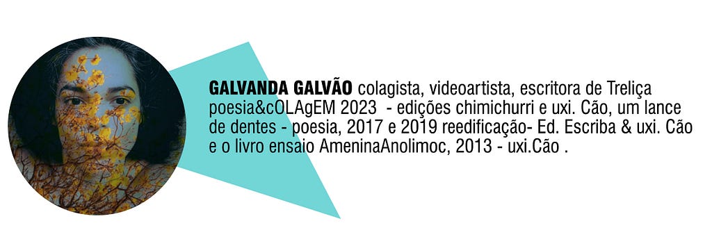 GalvandA Galvão colagista, videoartista, escritora de Treliça poesia&cOLAgEM 2023 — edições chimichurri e uxi. Cão, um lance de dentes — poesia, 2017 e 2019 reedificação- Ed. Escriba & uxi. Cão e o livro ensaio AmeninaAnolimoc, 2013 — uxi.Cão .