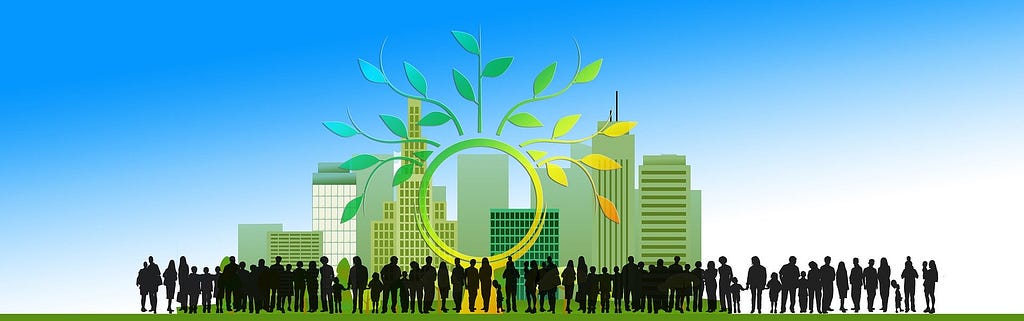 People standing in front of a green city with the image of a circle and a crown of leaves superimposed above them.