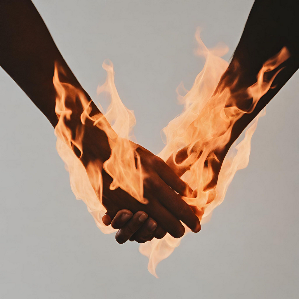 two hands holding while flame engulf them