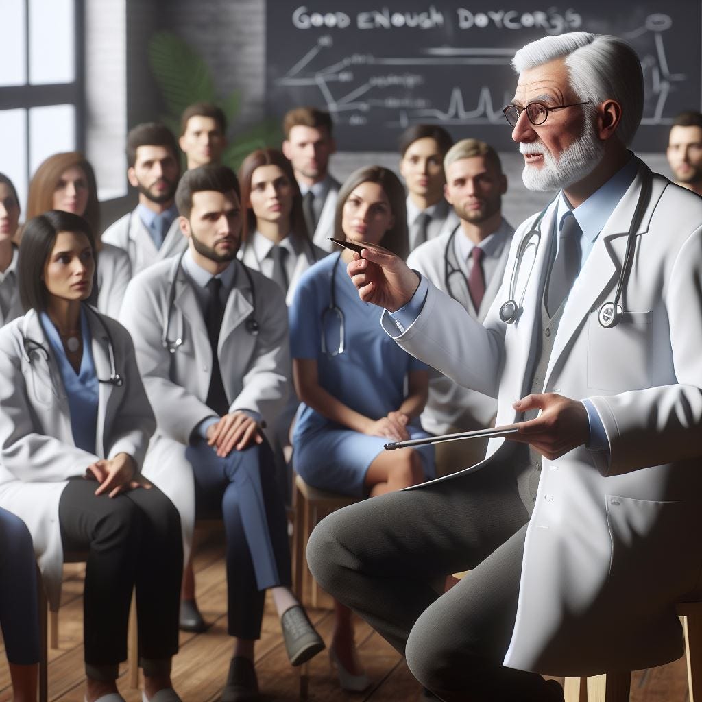 Imagined image of Bowlby teaching a group of diverse physicians on being “good enough” doctors (DALL-E/Author)