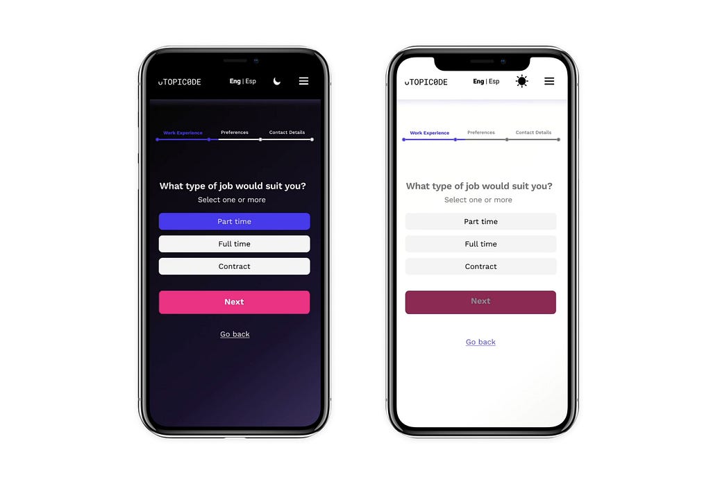 A mobile version of the onboarding screen, both in dark and light mode
