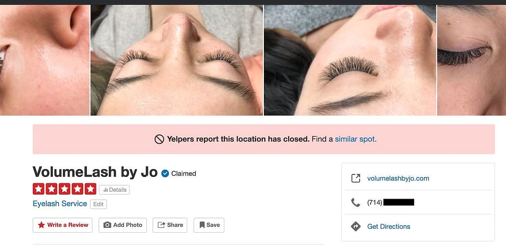 A yelp page for a new online business — beauty salon, eyelash care